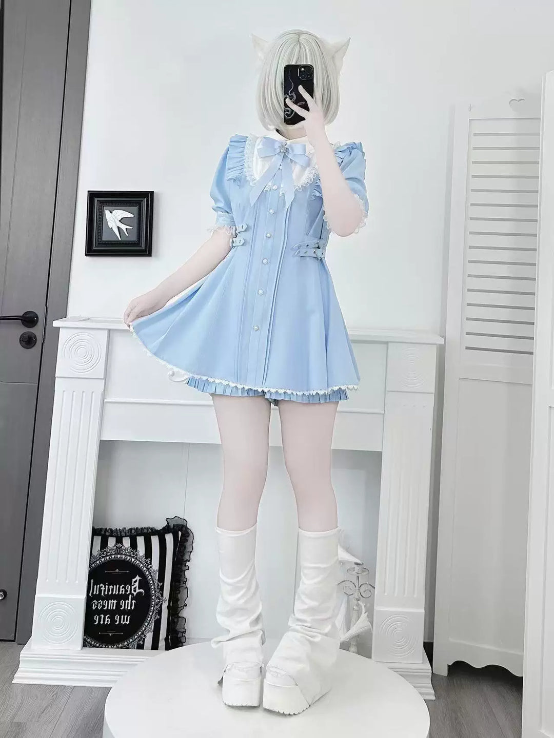 Jirai Kei Striped Dress, Lace Peter Pan Collar 45561:855057