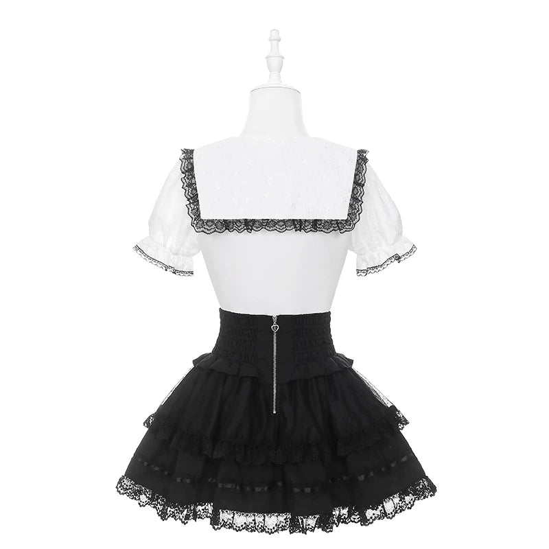 Jirai Kei Sailor Collar Blouse, Cinched Waist Tiered Skirt 45571:855943