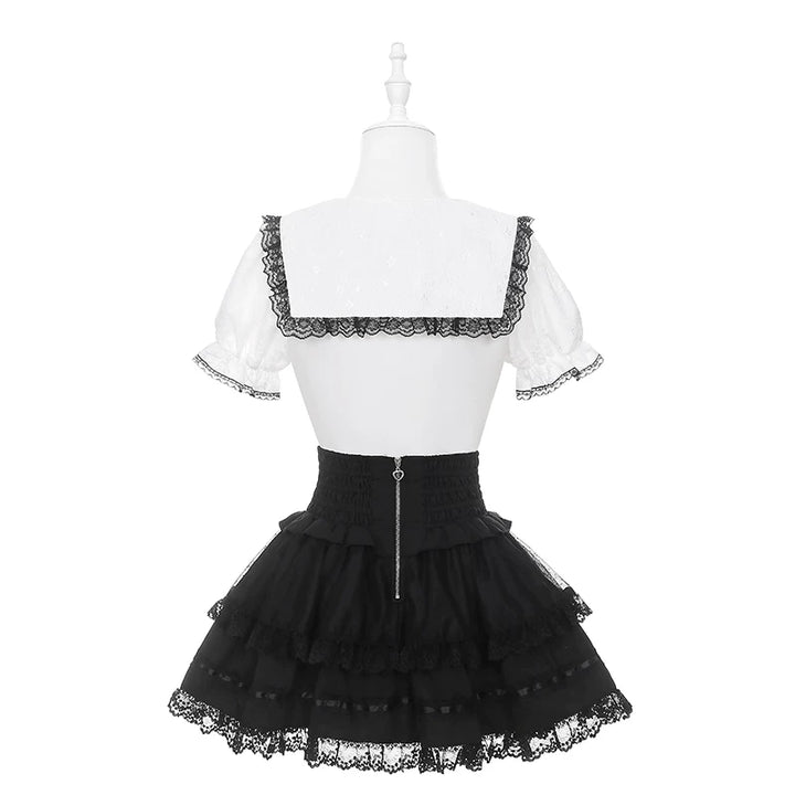 Jirai Kei Sailor Collar Blouse, Cinched Waist Tiered Skirt 45571:855943