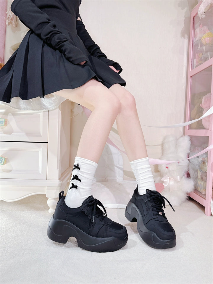 Jirai Kei Sneakers Platform Shoes With Lace Bow and Ruffle Trim 42161:729234