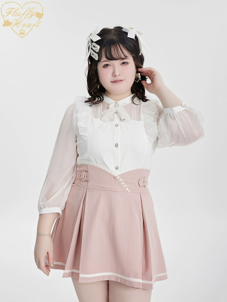 White Pink Jirai Kei Blouse Sheer Lace Shirt with Rhinestone 32914:403894