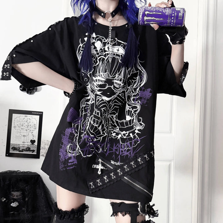 Gothic Cotton Graphic Printed T-Shirt, Detachable Choker 46061:874339