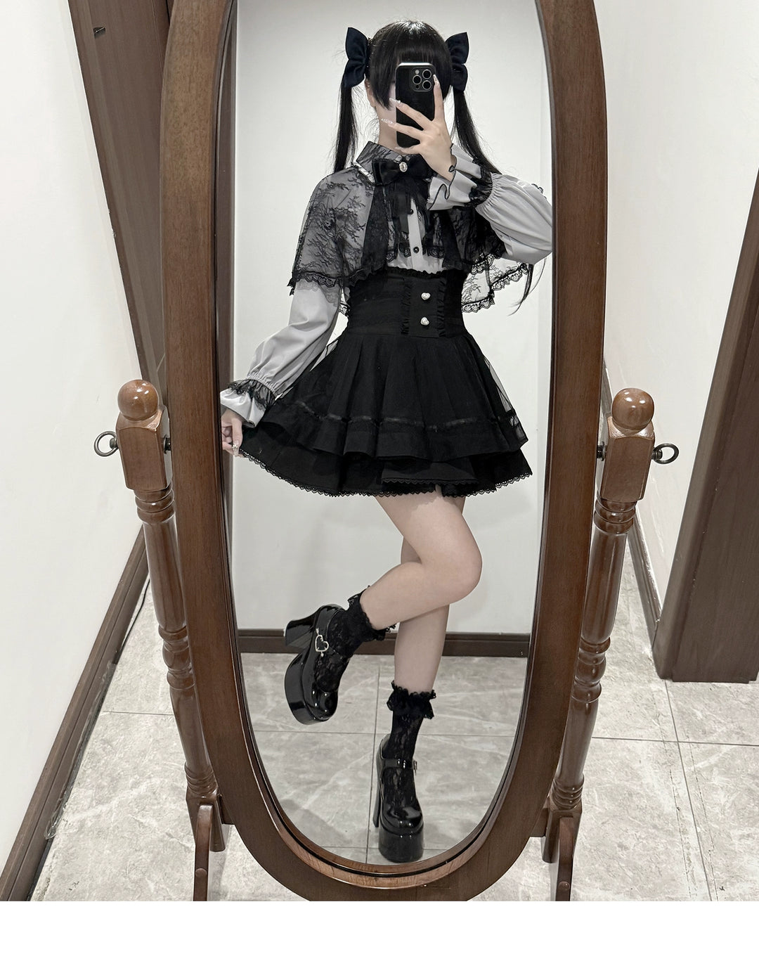 Jirai Kei Lace-cape Blouse, High-waist Skirt Outfit 43933:790376