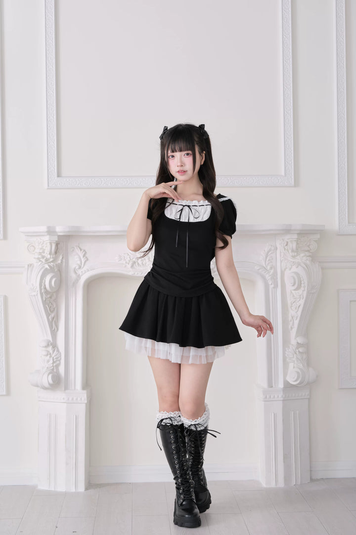 Jirai Kei Hoodie Top & Skirt Set, Tulle Hem (Black / M S) 44941:829945