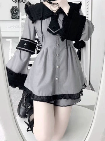 Sailor Collar Jirai Kei Dress Set, Detachable Armband (L M S XS) 43864:788474