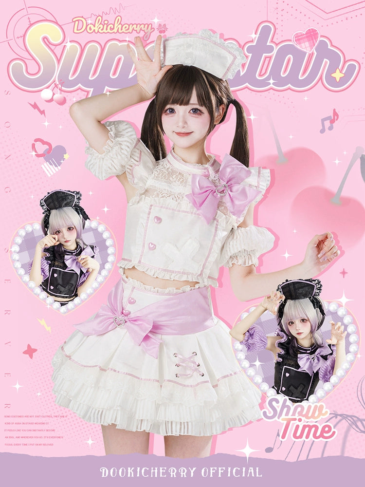 Jirai Kei Skirt Two-Piece Idol Stage Outfit Short-Sleeve Top and Skirt Set 41562:704898