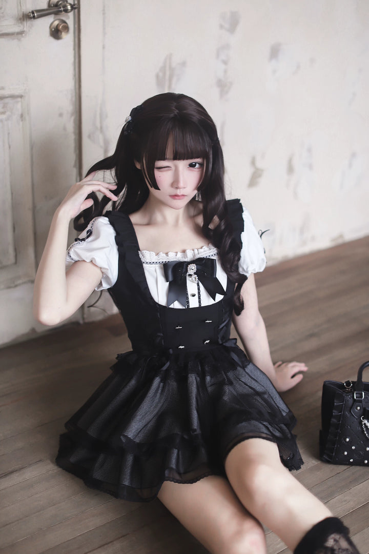 Jirai Kei Puff Sleeve Dress, Layered Tulle Hem 45340:847368