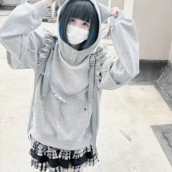 Jirai Kei Hoodie Lace-up Cat Ear Sweatshit Grey Top 39704:637008