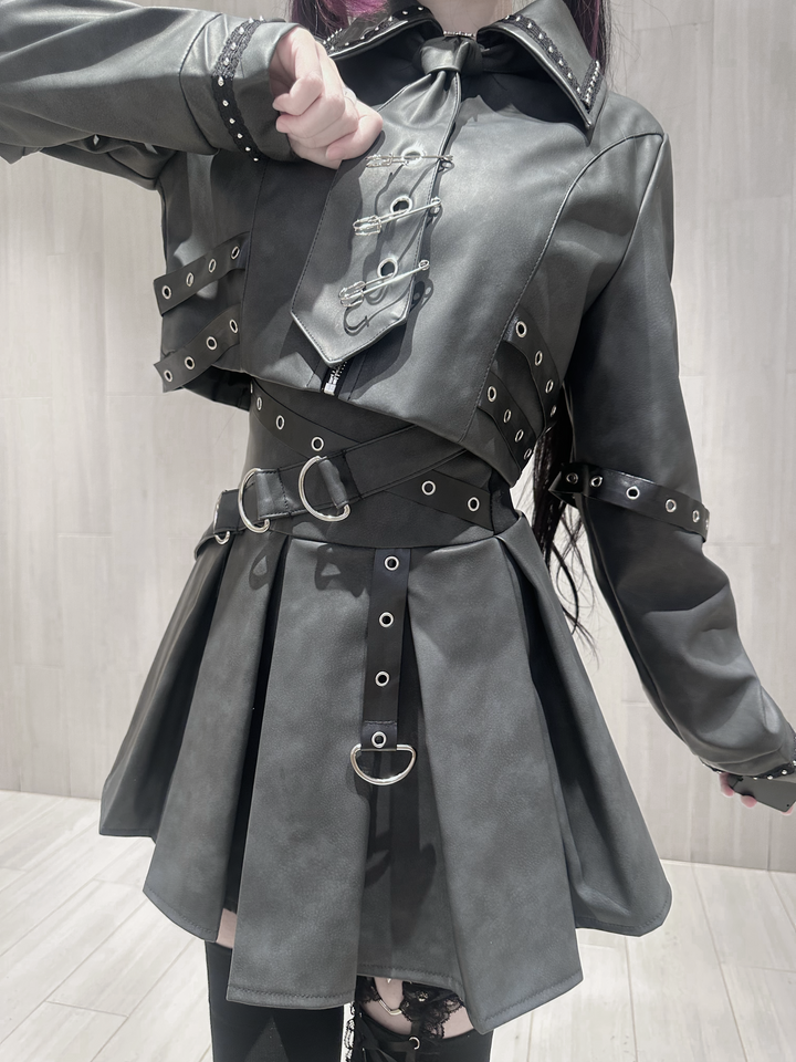 Punk Style PU Jacket, Pleated Skirt 44568:816012