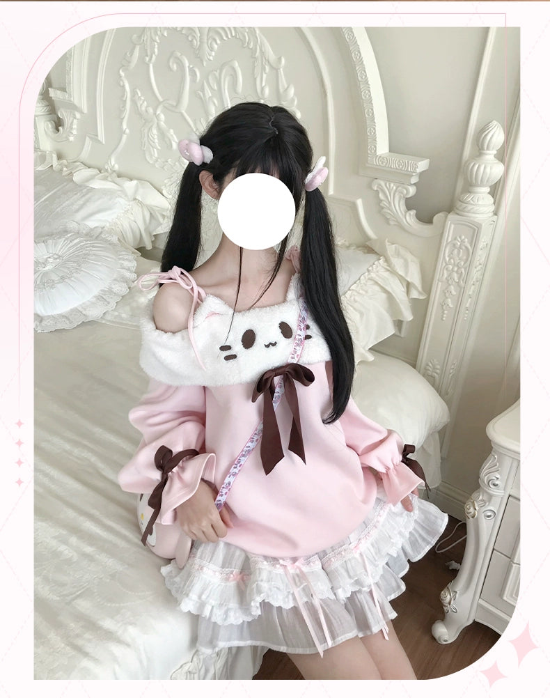 Off-Shoulder Kawaii Sweatshirt & Tiered Ruffle Skirt 43776:785337
