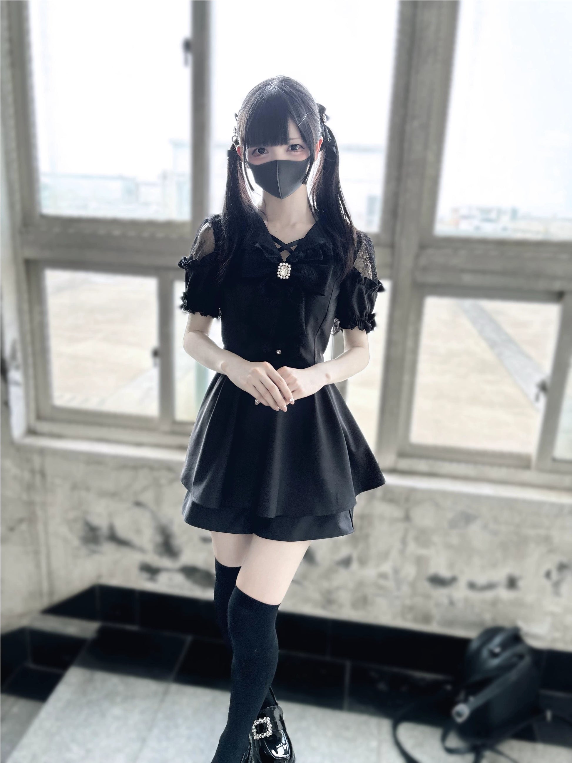 Jirai Kei Dress Set Black Short Sleeve Dress And Shorts 37848:571592