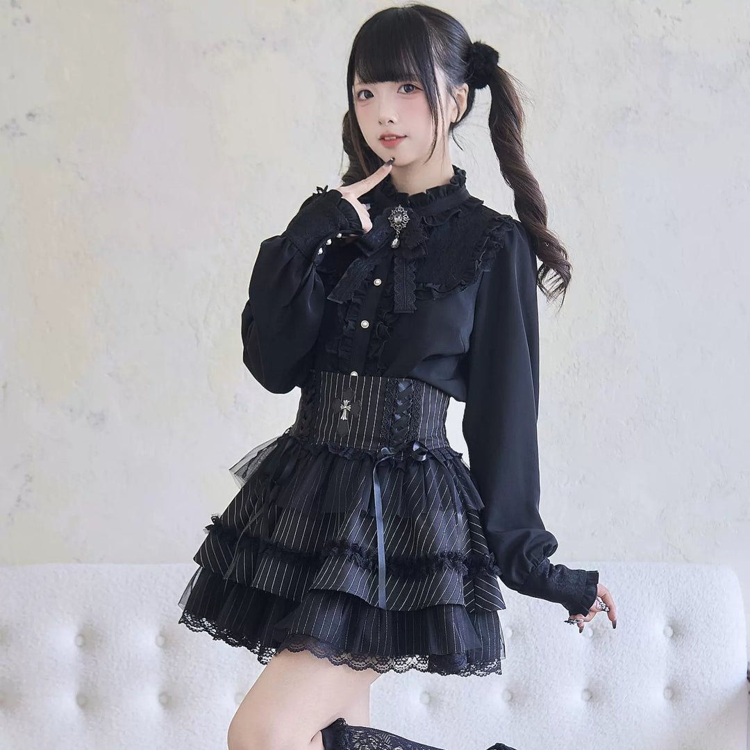 Jirai Kei Blouse Stand Collar Ruffle Shirt Black Layered Skirt 41986:721400