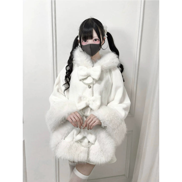 Hooded Jirai Kei Winter Cape, Bow Buttons 44428:808742