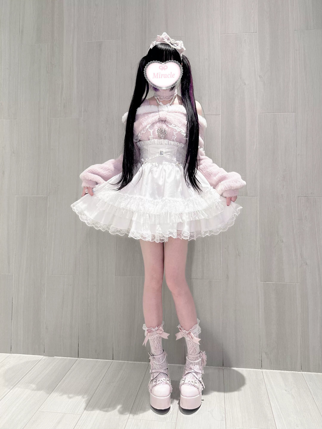 High-Waistband Jirai Kei Skirt, Tiered Lace Hem 44115:803735