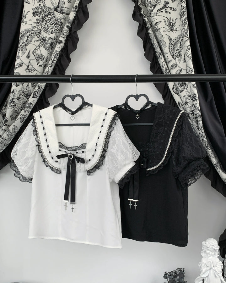 Jirai Kei Sailor Collar Blouse, Lace Puff Sleeves 45648:857941
