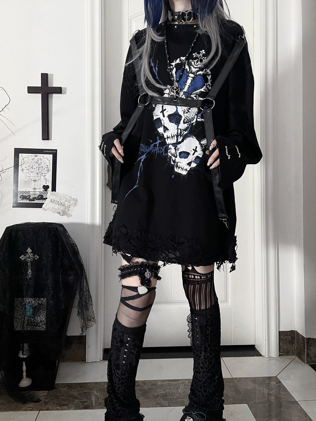 Gothic Printed Long Sleeve Tee, Detachable Strap 44336:804668