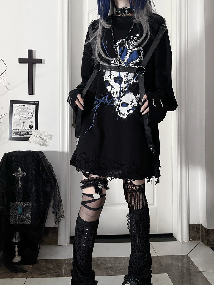 Gothic Printed Long Sleeve Tee, Detachable Strap 44336:804668