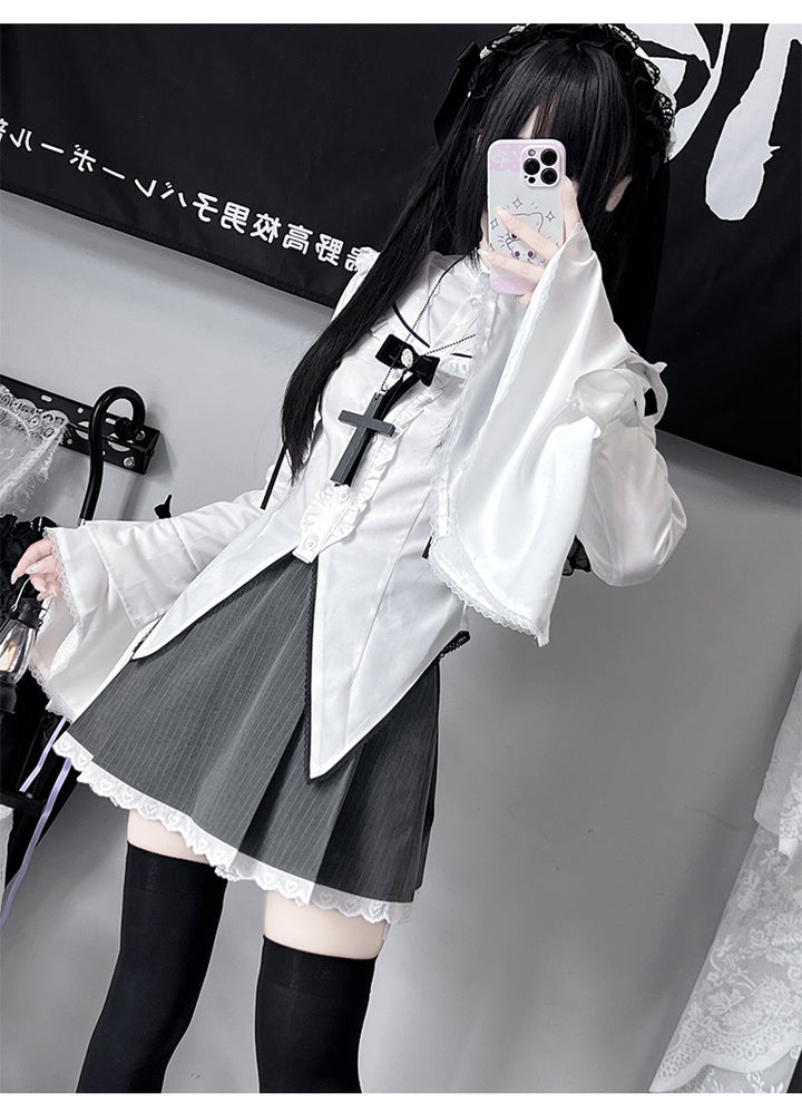 Gothic Outfit White Flared Cuffed Shirt And Striped Skirt with Lace Trim 42238:737619