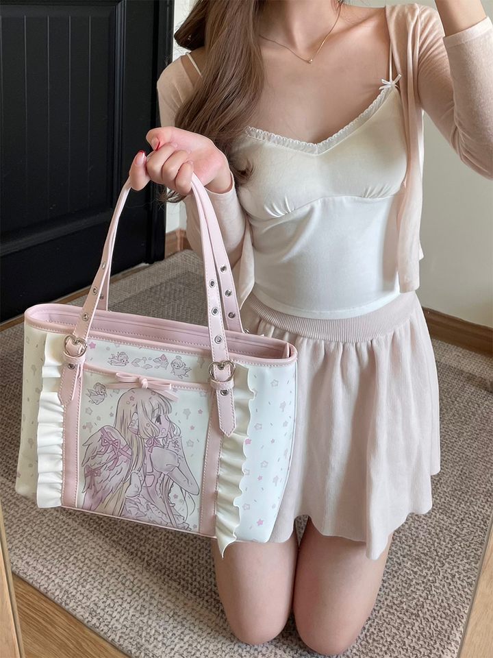 Kawaii Bag Pink Tote Bag Anime Girl Print Shoulder Bag 42229:733291