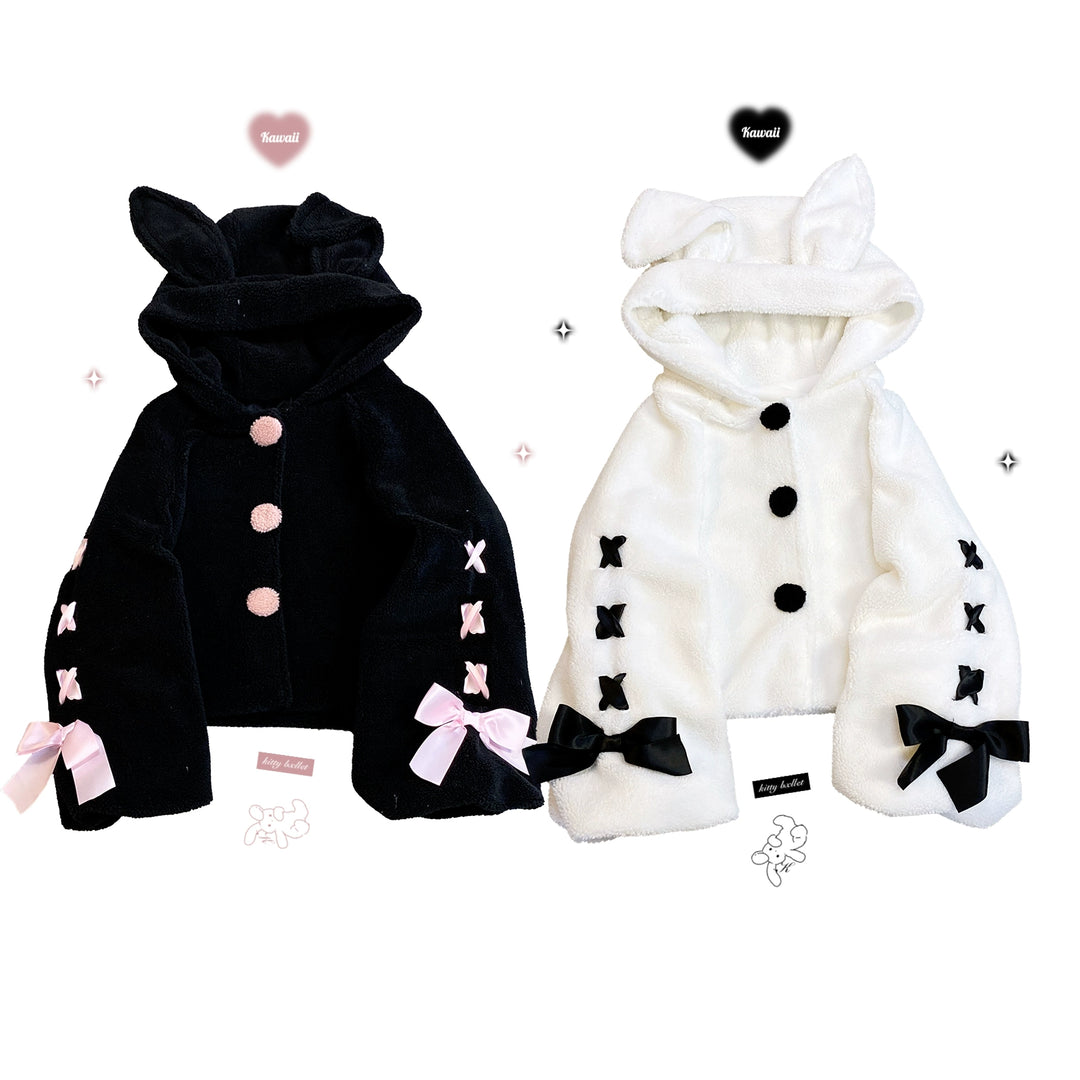 Jirai Kei Winter Coat White Black Plush Jacket With Rabbit Ear 31854:372634 31854:372634