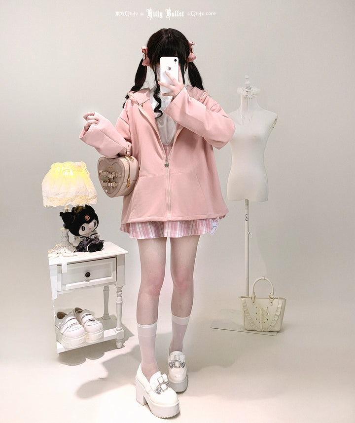 Kawaii Zipper Closure Jacket, Lace Bunny Ear 44002:792523