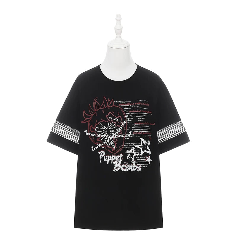 Punk Strawberry and Chain Print T-shirt, Red Plaid Skirt (L M S XL) 45365:851397
