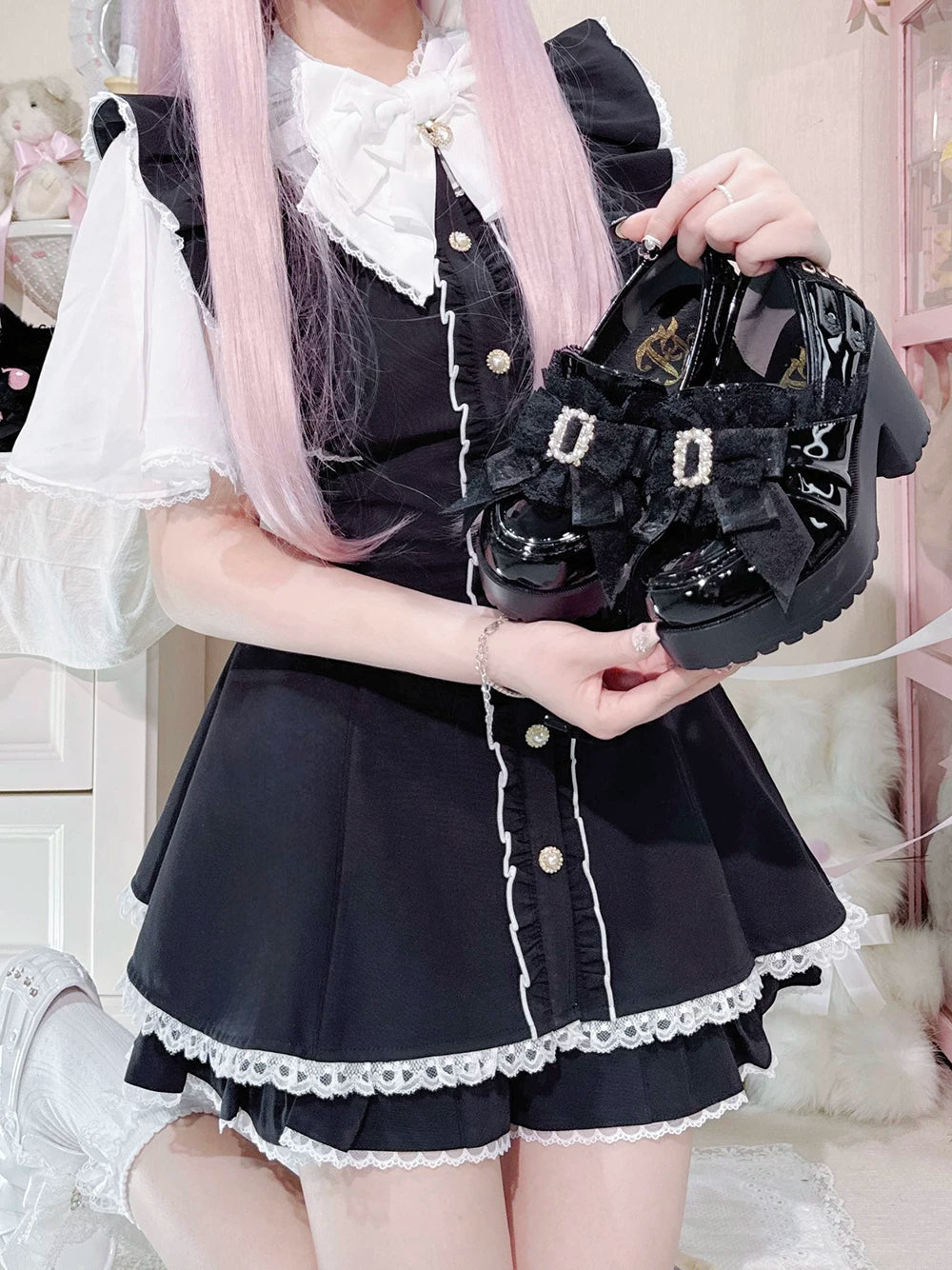 Jirai Kei Slip-On Chunky Heeled Shoes, Pearl Decorated Bow (35 36 37 38 39 40 41 42) 45867:867796
