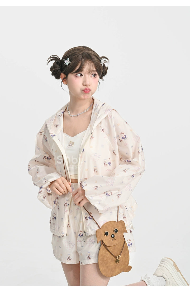 Kawaii Coat Bear Print Sun Protection Hooded Jacket Shorts Set 35900:544486