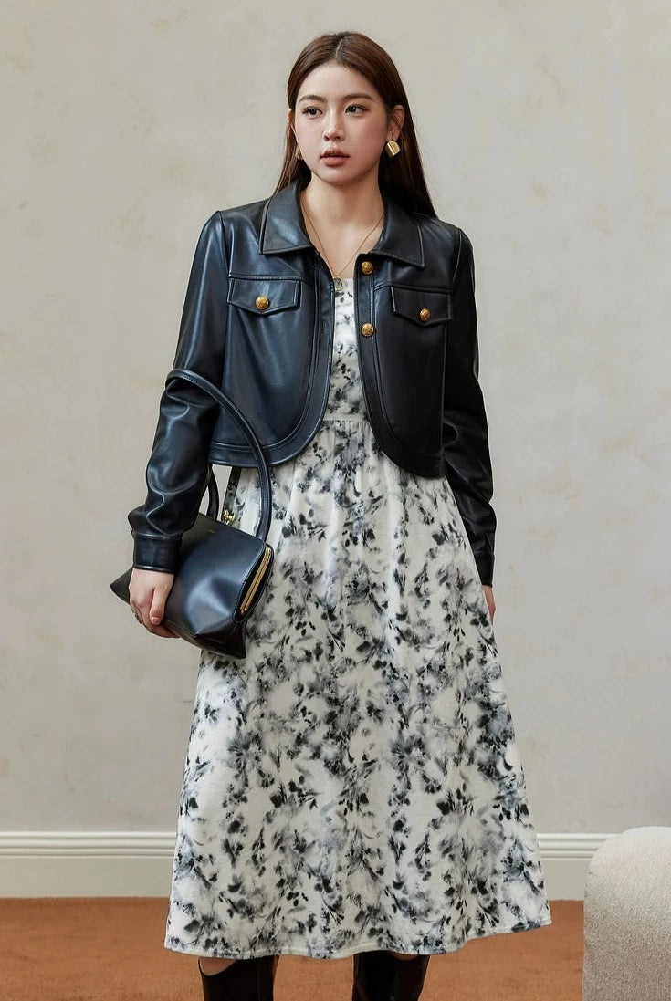 Plus Size Black Brown Leather Jacket Floral Dress With Suspenders 29812:364046 29812:364046