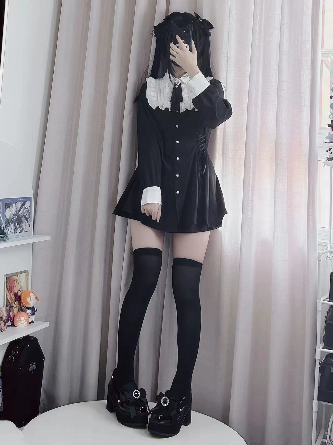 Jirai Kei Dress Set Long-sleeved Black Dress And Shorts 39532:628714