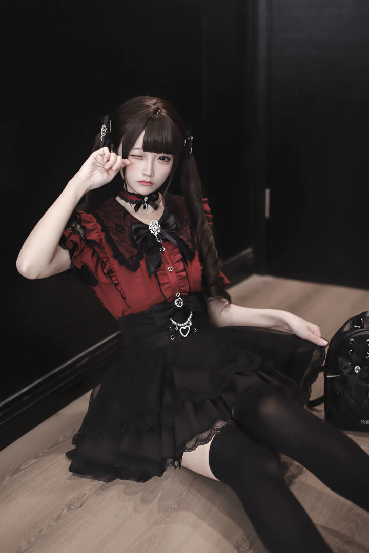 Jirai Kei Lace Sleeve Blouse, Ruffle Details 45194:841377