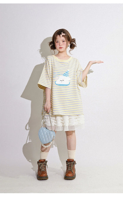 Kawaii Aesthetic Shirt Striped Short Sleeve Cotton Top 36562:518388