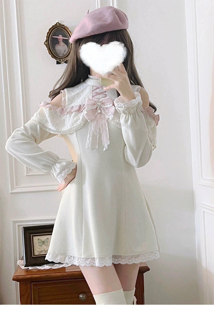 Jirai Kei Dress White Open-Shoulder Dress Lace Slim Dress 41554:703642