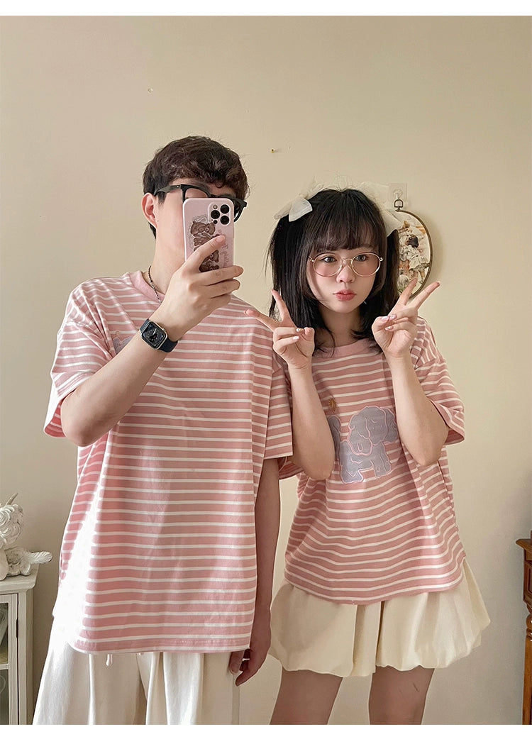 Kawaii Aesthetic Shirt Striped Short Sleeve Cotton Top 36562:518524