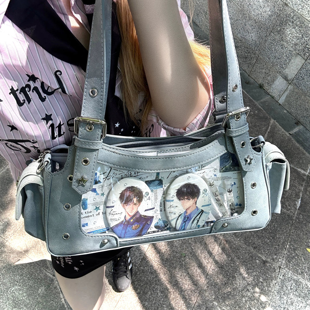 Punk Studded Ita Bag, Clear Window & Star Pouch (Gray-Blue) 45416:847472