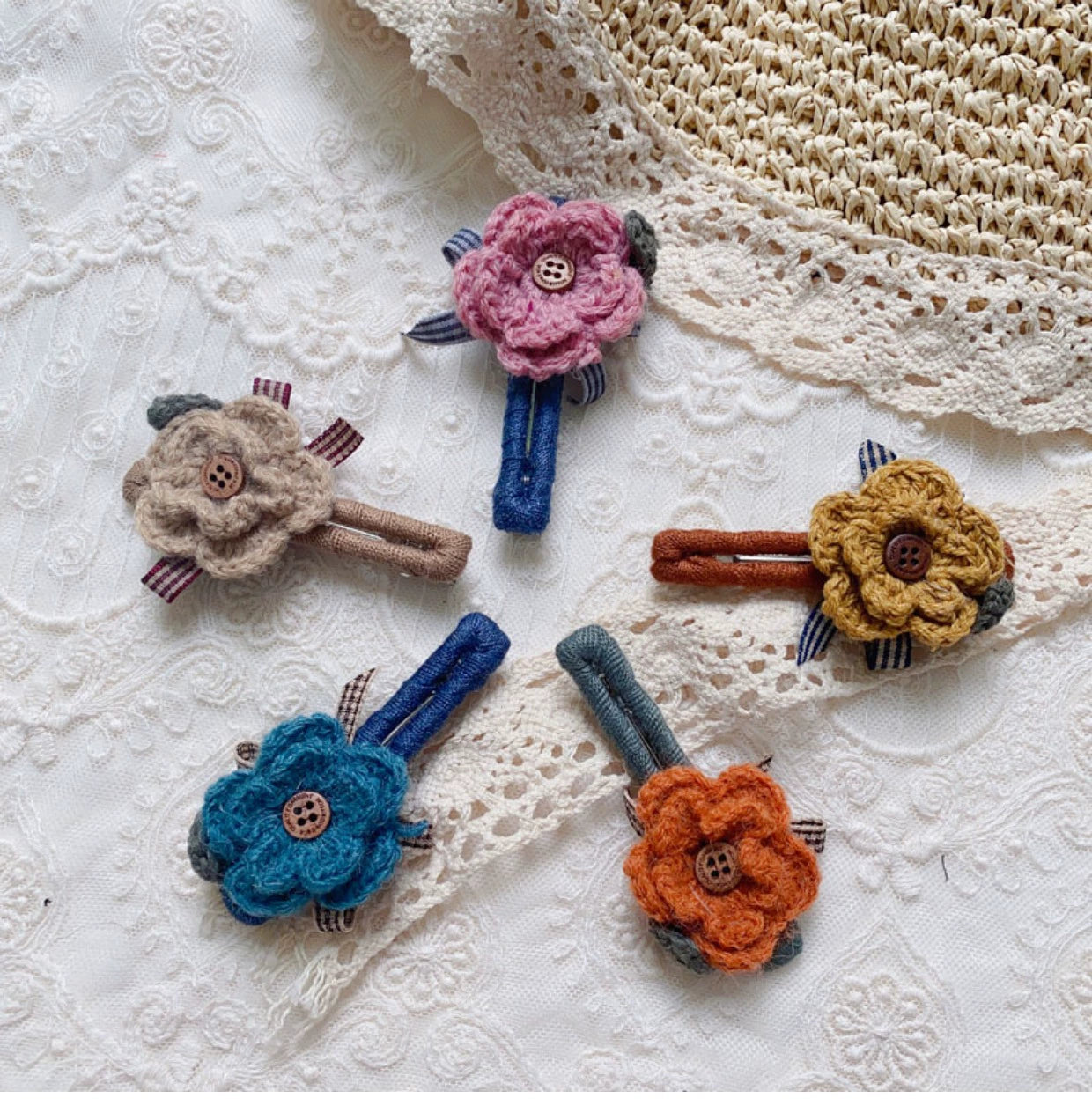 Mori Kei Hair Clips Handmade Knitted Flower Barrettes 36438:522422