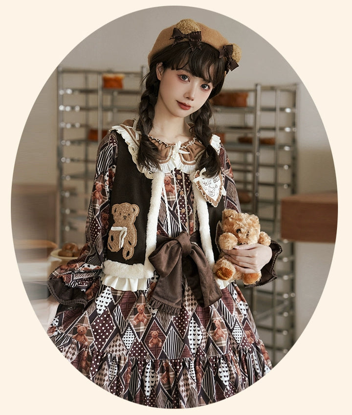 Lolita Dress Bear Embroidered Long Sleeve Dress And Vest 32068:382206 32068:382206