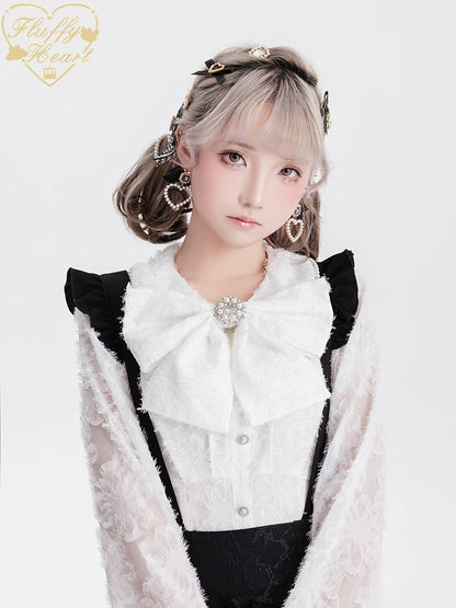 Jirai Kei Blouse White Pink Lace Chiffon Pearl Long Sleeve Shirt 33754:443438