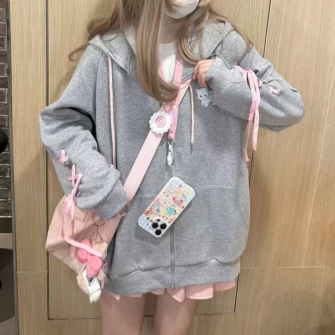 Kawaii Coat Cat Ear Hood Grey Jacket With Pink Ribbons 39708:637862