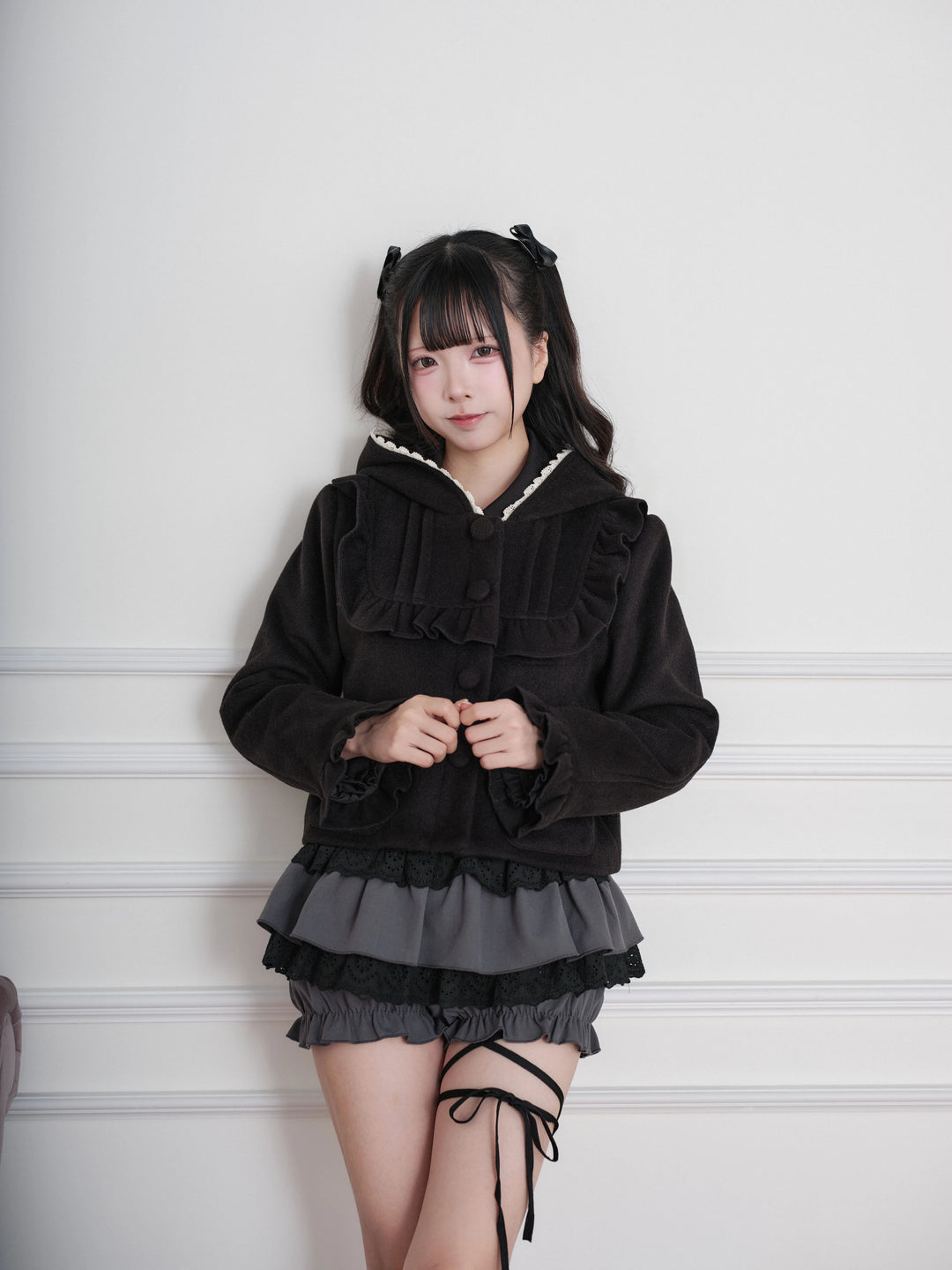 Ryousangata Hooded Solid Coat, Ruffled Neckline 45955:870334