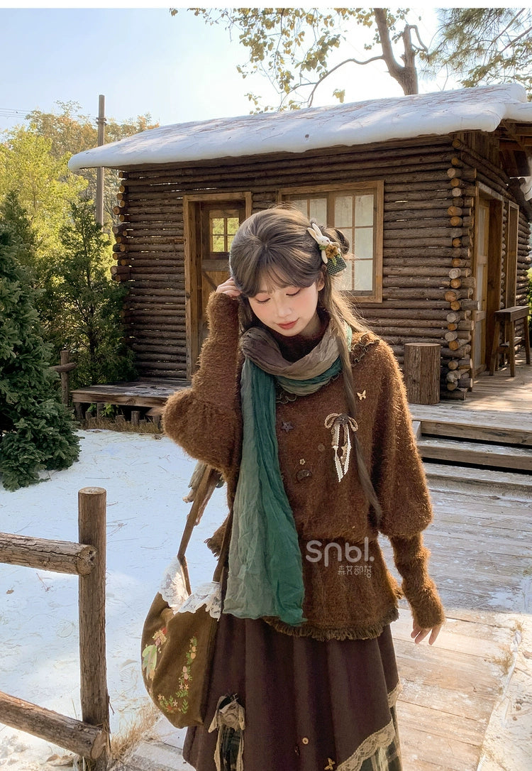 Mori Kei Stand-Collar Sweater, Irregular Plaid Skirt 44214:803851