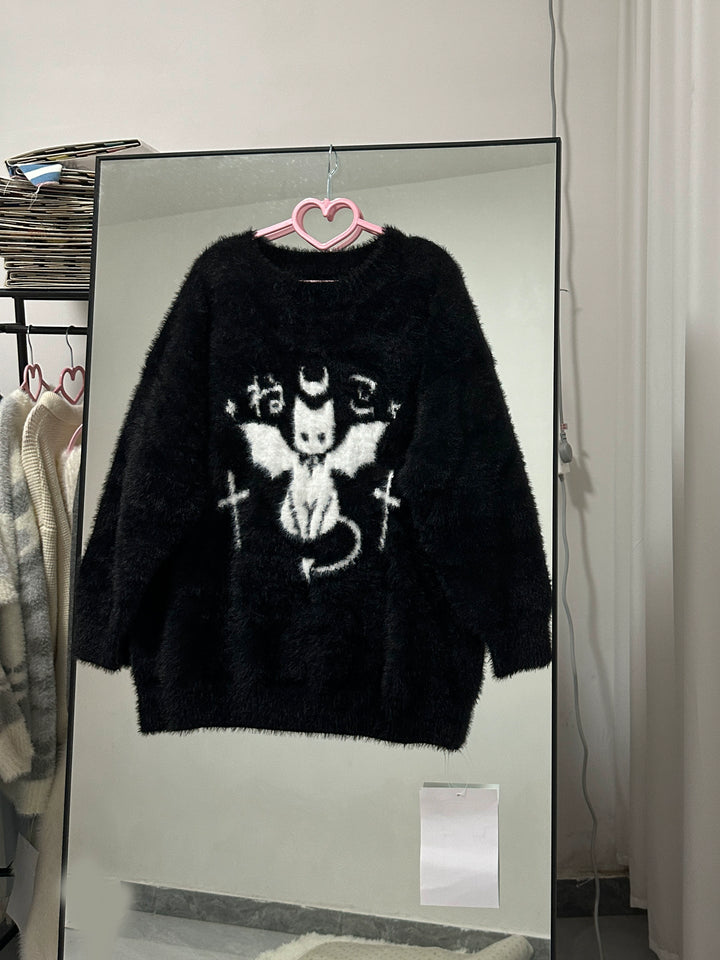 Yami Kawaii Sweater Devil Cat Black Loose Warm Top 39738:640302