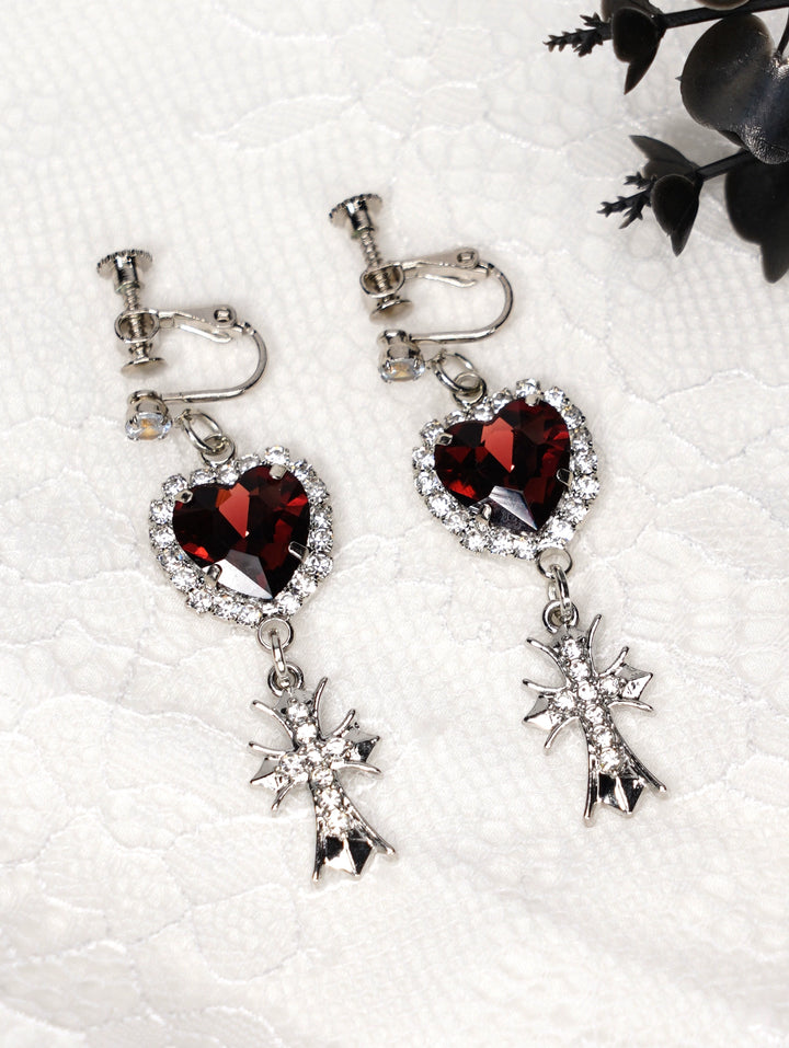 Jirai Kei Heart-Shaped Rhinestone Cross Earrings 21626:310040 21626:310040