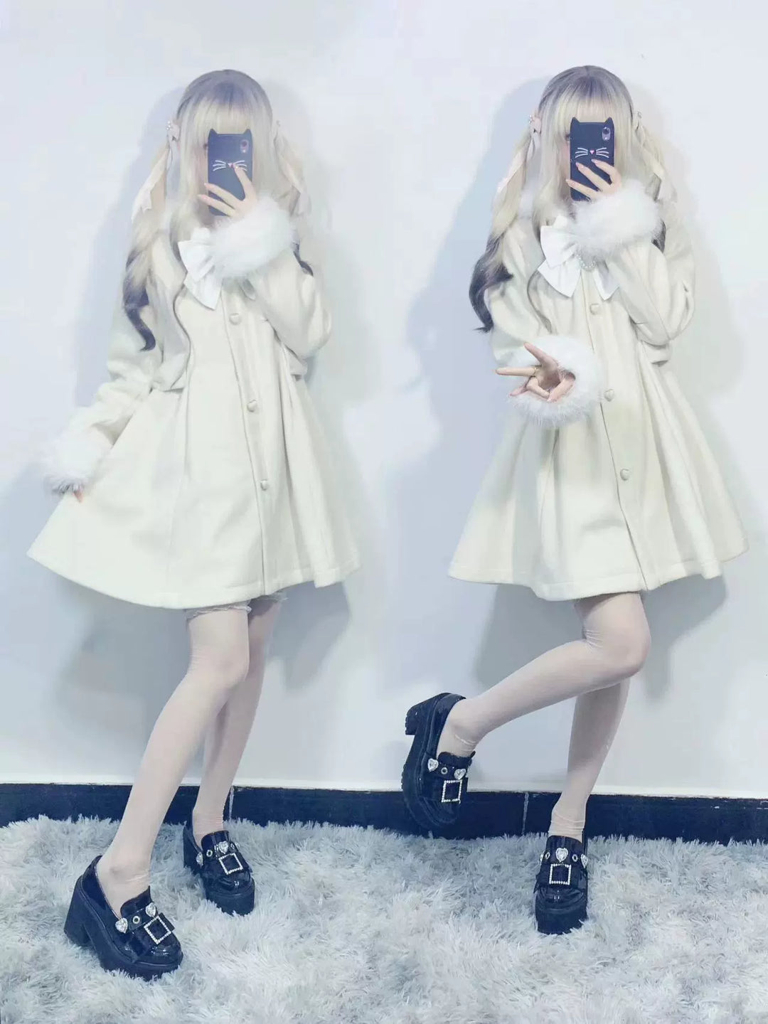 Jirai Kei Wool Coat Plush Coat Bunny Ears Kawaii Coat 34380:463710 34380:463710