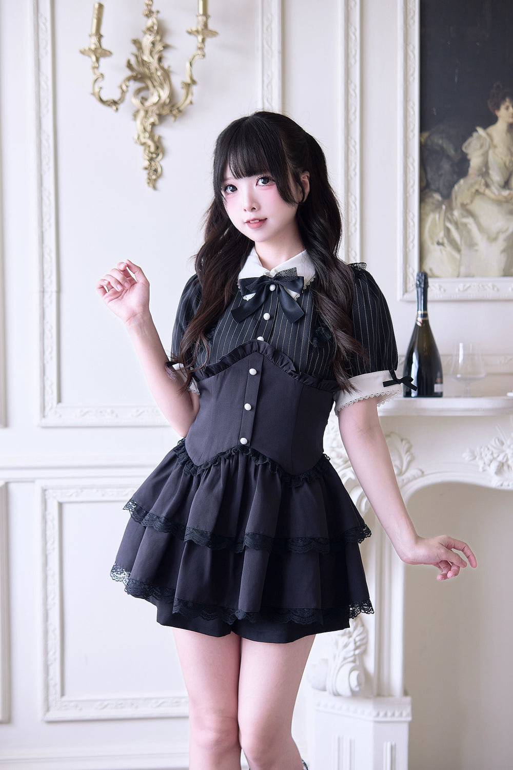 Striped Jirai Kei Set Up, Corset-Inspired Waistline Dress (L M) 42849:755276