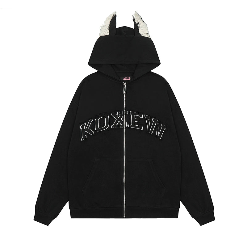 Subculture Hooded Jacket Dog Ears Hoodie Fleece-lined Coat (Black / L M XL) 42018:723488