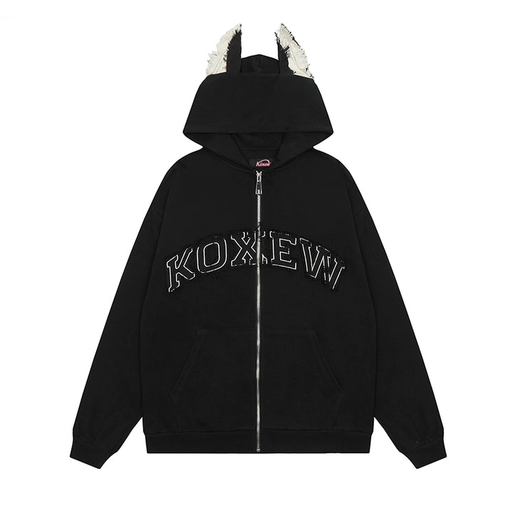 Subculture Hooded Jacket Dog Ears Hoodie Fleece-lined Coat (Black / L M XL) 42018:723488