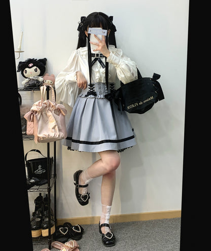 Jirai Kei White Black Blouse Ruffle Long Sleeve Shirt 31864:371804