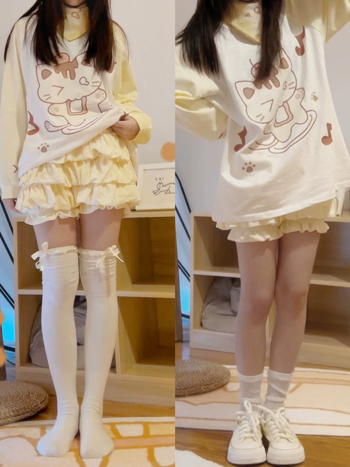 Kawaii Creamy Yellow Raglan Sleeve Long T-shirt Hoodie 22668:338346 22668:338346