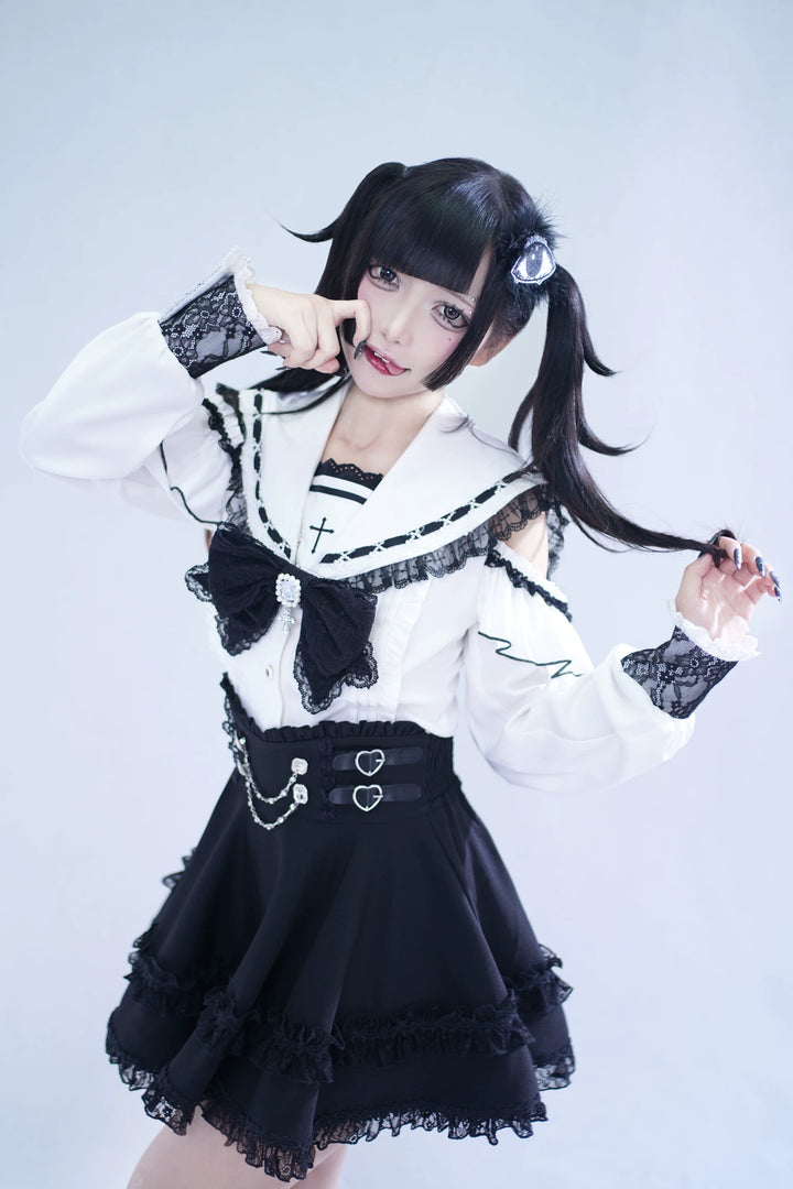 Lace Jirai Kei Sailor Collar Blouse, High Waist Skirt Set 45626:859342